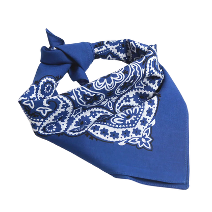 Blue bandana with white paisley pattern on a white background