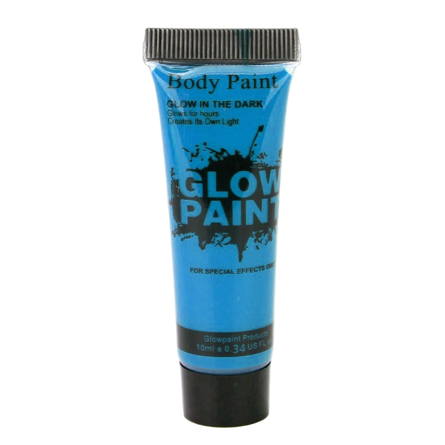 Blue tube of glow paint with black text on a white background