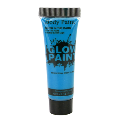 Blue tube of glow paint with black text on a white background