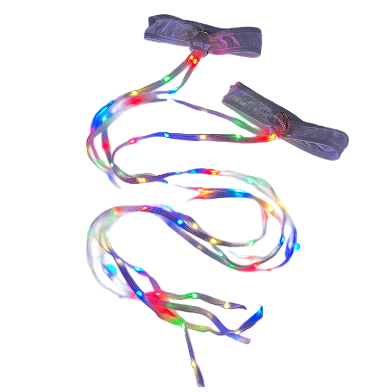 Multicolored LED shoelace with two clips on a dark background