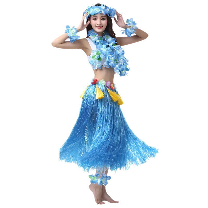 colorful hula outfits. Each ensemble includes a vibrant floral top, matching lei, and a grass skirt in pink, yellow, red, and blue, with floral headpieces and bracelets.