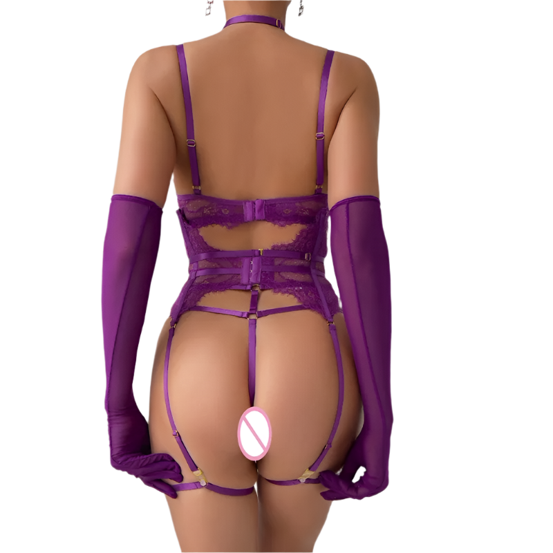 Purple lingerie set with mesh gloves on a neutral background