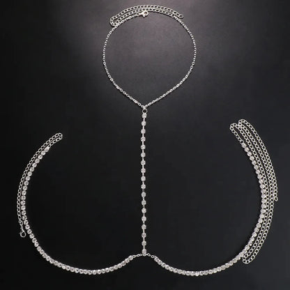 Double Heart Resort Chain | Rhinestone Body Jewelry | Evening Statement Piece