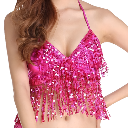 sequin tassel belly dance halter bra for international cultural performance wear
