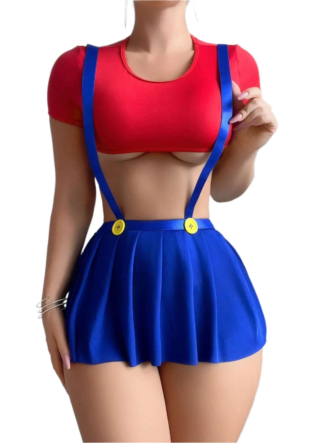 Costume Outfit: A playful costume featuring a red crop top and a blue pleated skirt with blue suspenders and yellow buttons, creating a fun and whimsical look.

