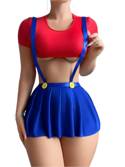 Costume Outfit: A playful costume featuring a red crop top and a blue pleated skirt with blue suspenders and yellow buttons, creating a fun and whimsical look.

