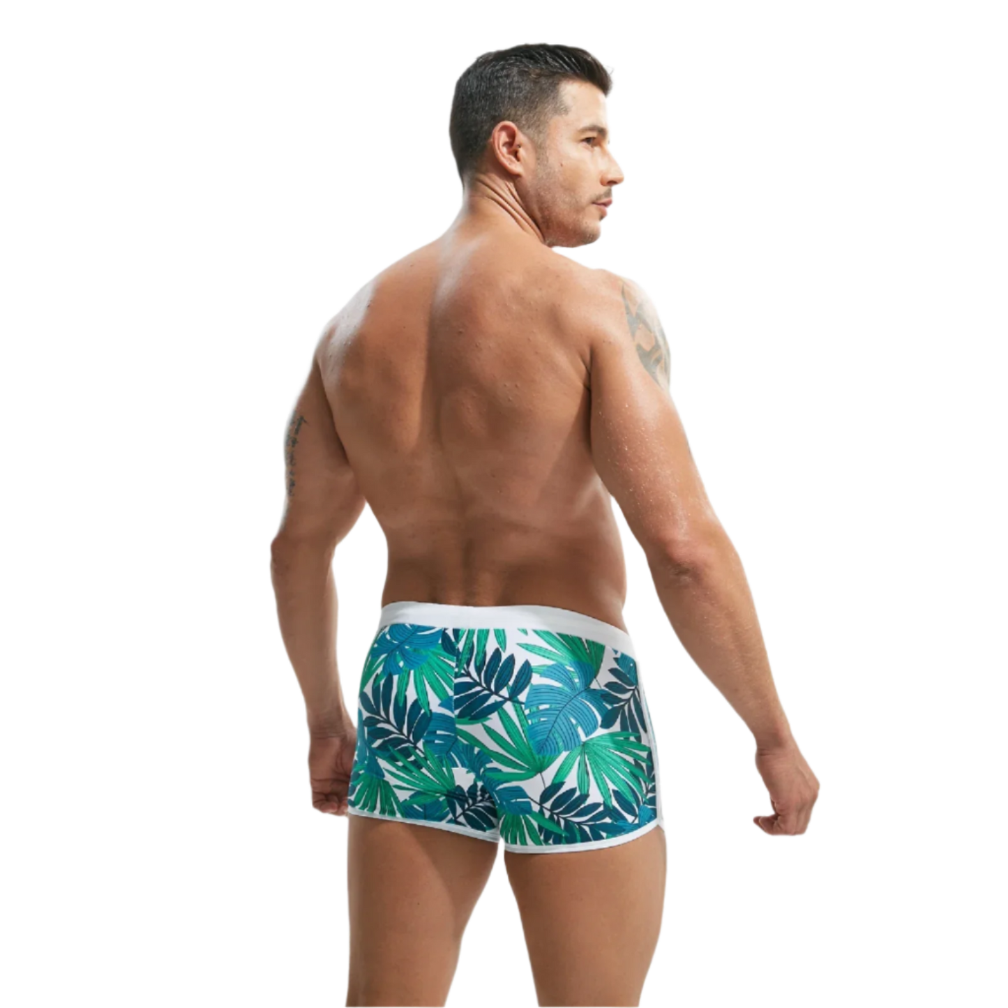 Blue and green leaf-patterned swim shorts with a white waistband.