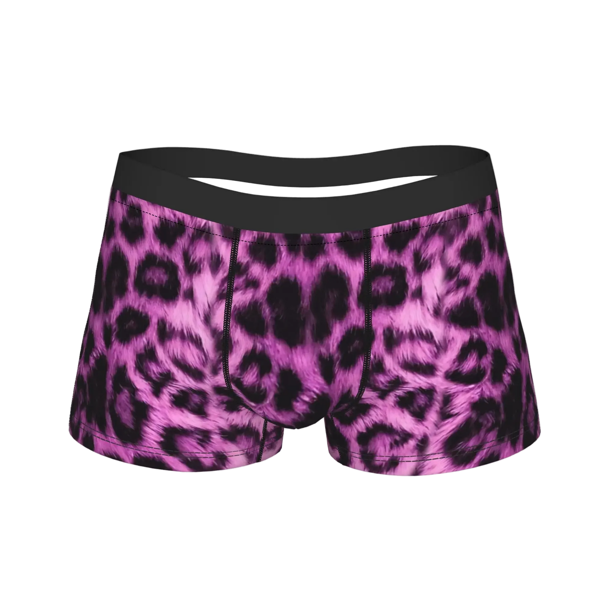 Pink and purple leopard print boxer briefs with a black waistband, shown against a plain white background.