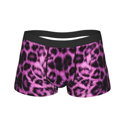 Pink and purple leopard print boxer briefs with a black waistband, shown against a plain white background.