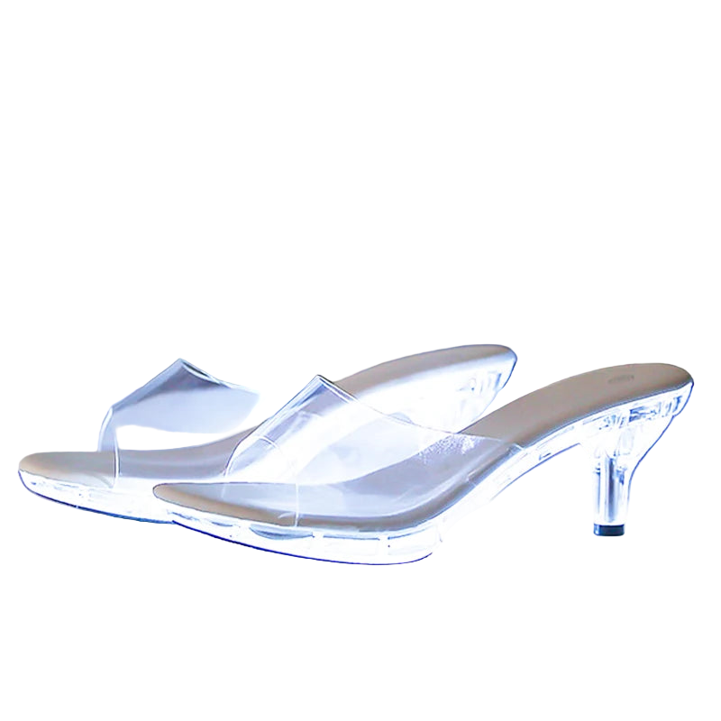 Clear high-heeled shoes with heel and platform measurements on a reflective surface.