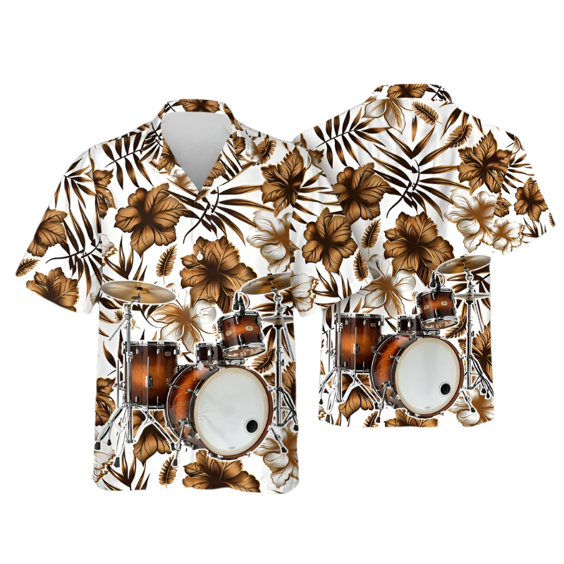 Hawaiian shirt with floral pattern and drum set design on a gray background