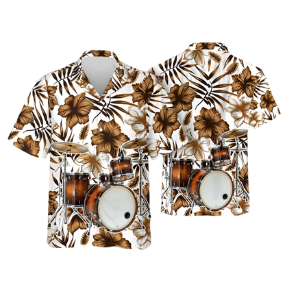 Hawaiian shirt with floral pattern and drum set design on a gray background