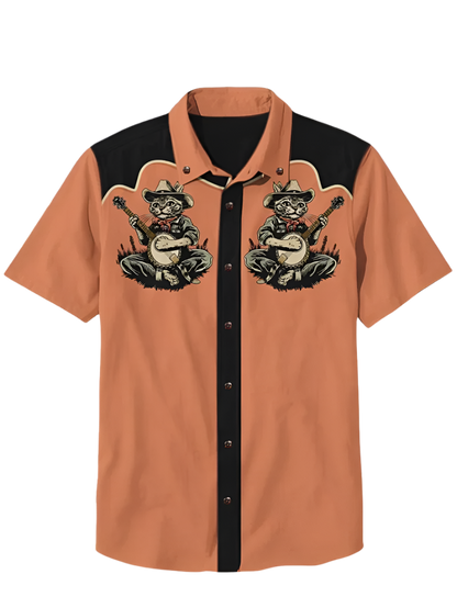 Retro men's denim Hawaiian shirt with 3D ethnic academy casual short sleeved lapel button Y2K streetwear design for resort entertainment