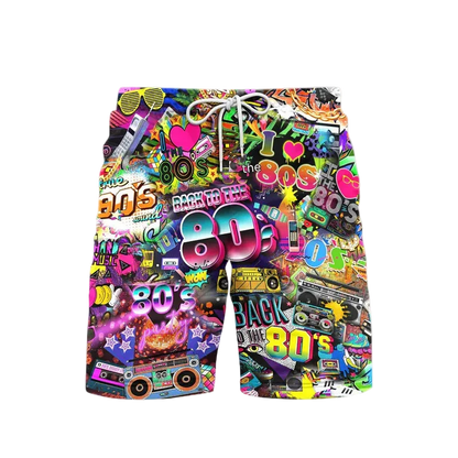 Colorful shorts with 80s-themed graphics on a white background