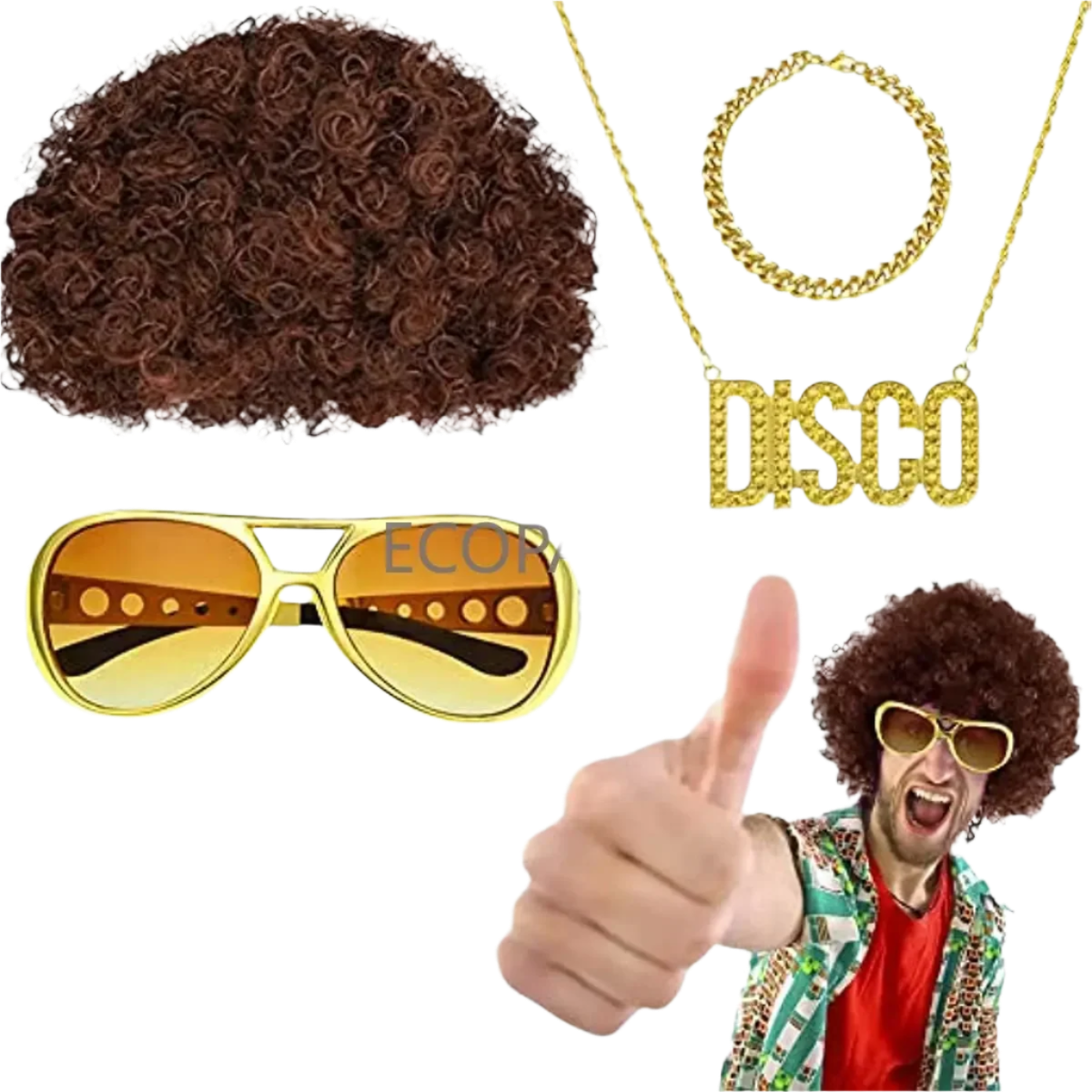 Collection of disco-themed accessories including a wig, sunglasses, mustache, and 'DISCO' necklace on a white background.