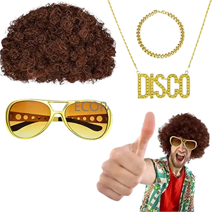 Collection of disco-themed accessories including a wig, sunglasses, mustache, and 'DISCO' necklace on a white background.