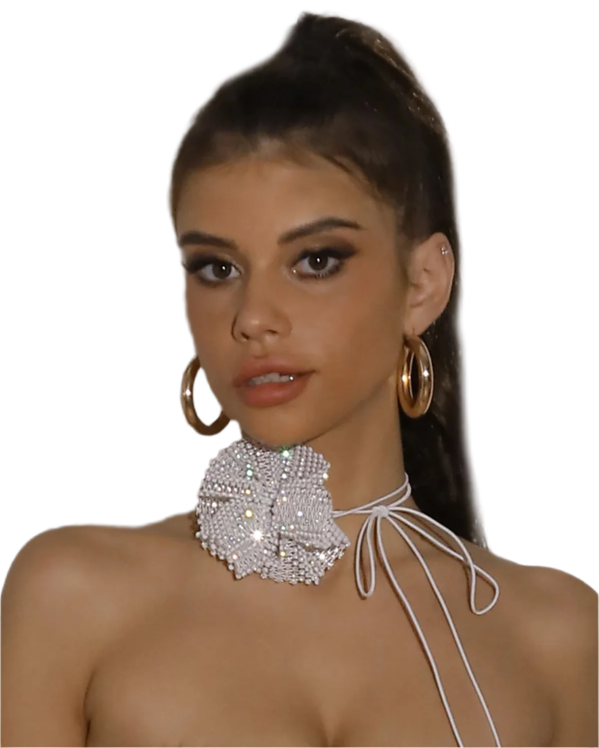 Elegant rhinestone flower choker with lace-up chain design - perfect for glamorous resort evenings