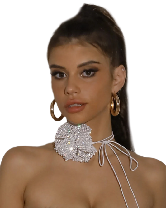 Elegant rhinestone flower choker with lace-up chain design - perfect for glamorous resort evenings