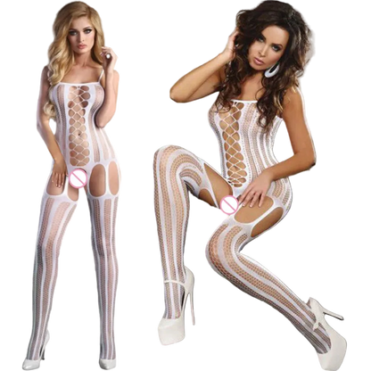 A woman modeling a white fishnet bodystocking with cutouts and rhinestone trim, shown in two side-by-side studio photos against a gray background and a black leather couch.