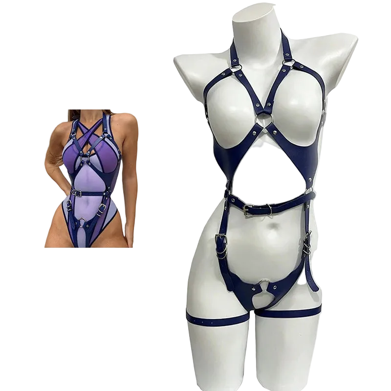 A blue leather harness bodysuit shown on a white mannequin torso, with a smaller inset photo of a woman wearing the same harness in lavender and navy. The text 'Blue Leather Harness' appears below.