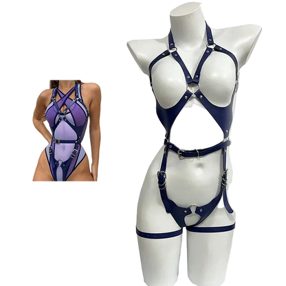 A blue leather harness bodysuit shown on a white mannequin torso, with a smaller inset photo of a woman wearing the same harness in lavender and navy. The text 'Blue Leather Harness' appears below.