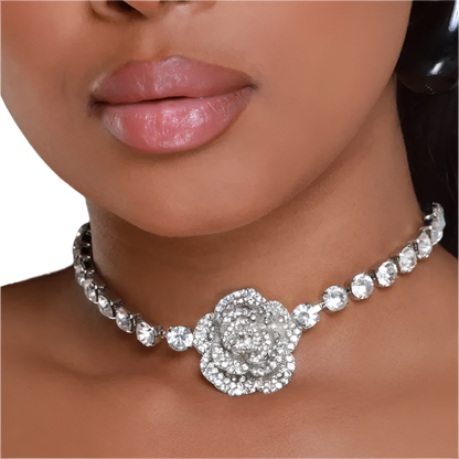 3D crystal rose choker with full rhinestone tennis chain - perfect for elegant resort evenings