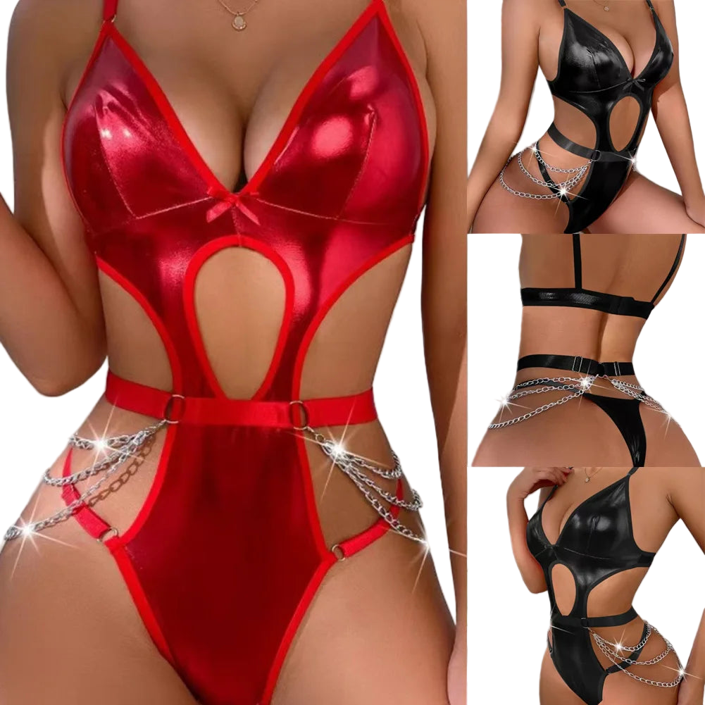 Red satin lingerie set with chain details on a white background
