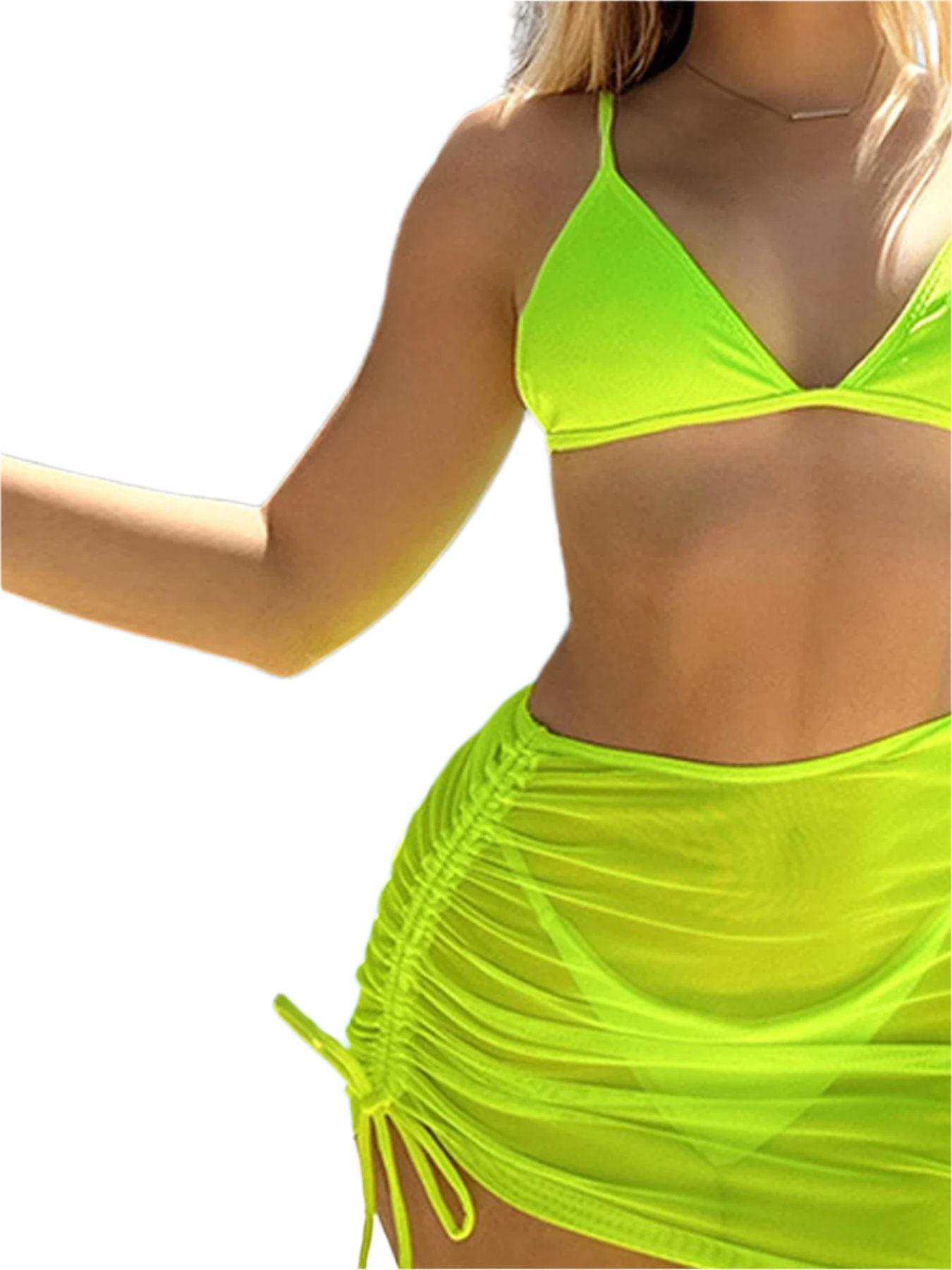 A bright neon green bikini set with a simple triangle top and matching high-waisted bottom. The design is bold and eye-catching.