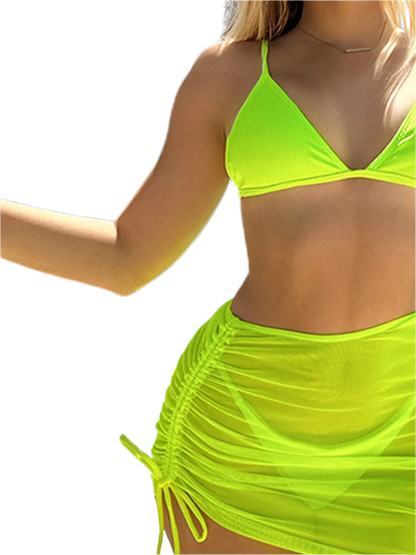 A bright neon green bikini set with a simple triangle top and matching high-waisted bottom. The design is bold and eye-catching.