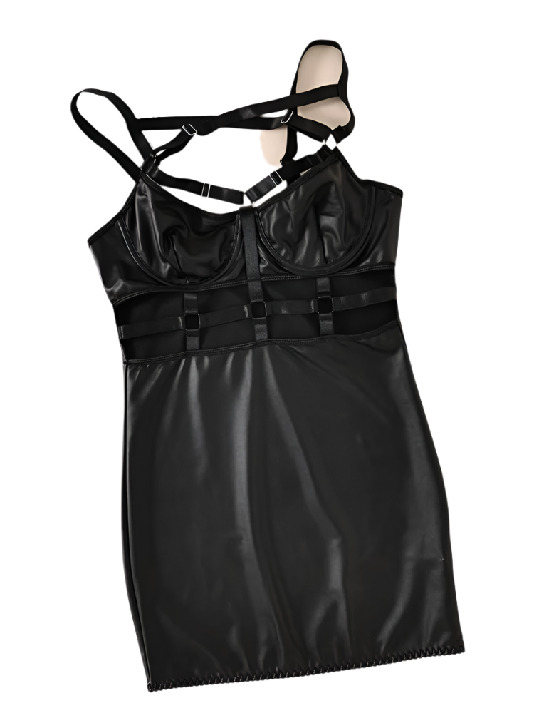 Black Leather Cut-Out Dress - European Style Strappy Theme Night Fashion