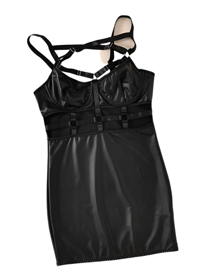 Black Leather Cut-Out Dress - European Style Strappy Theme Night Fashion