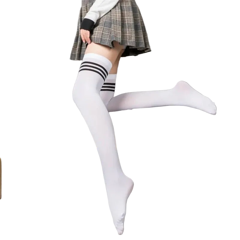 Person wearing white knee-high socks with black stripes sitting on a gray couch.