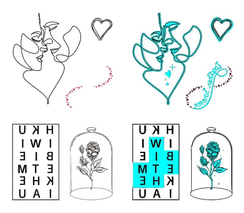 Two designs side by side with abstract faces, hearts, and text on a white and gray background.