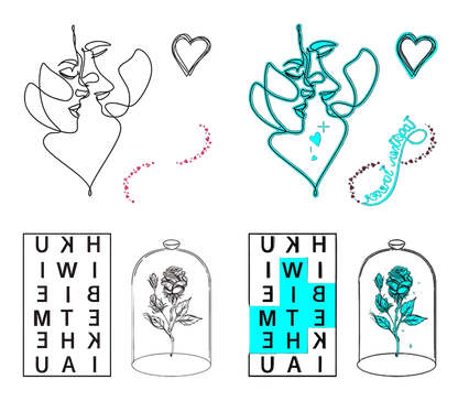 Two designs side by side with abstract faces, hearts, and text on a white and gray background.