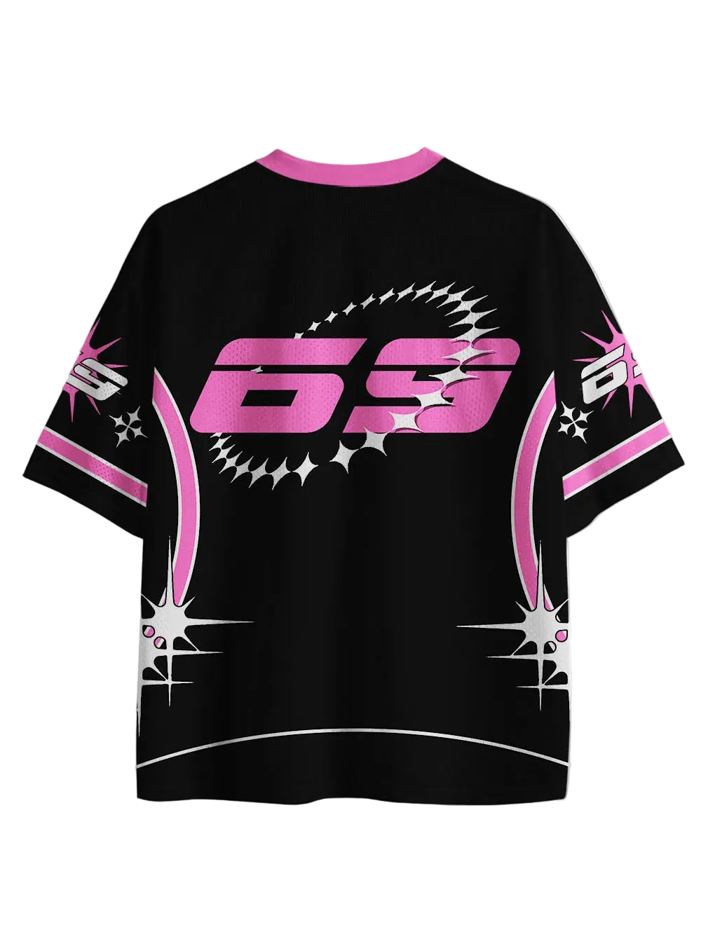 A black short-sleeve t-shirt with a pink and white graphic design on the back, featuring a large '69' logo and starburst patterns, displayed on a clean white background.