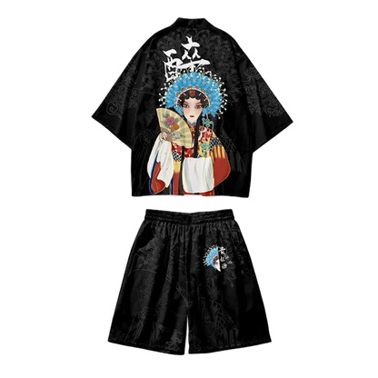 Black outfit with colorful graphic design on a white background