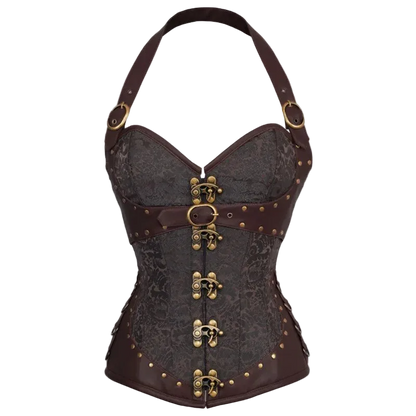 Steampunk-style corset with intricate details on a white background