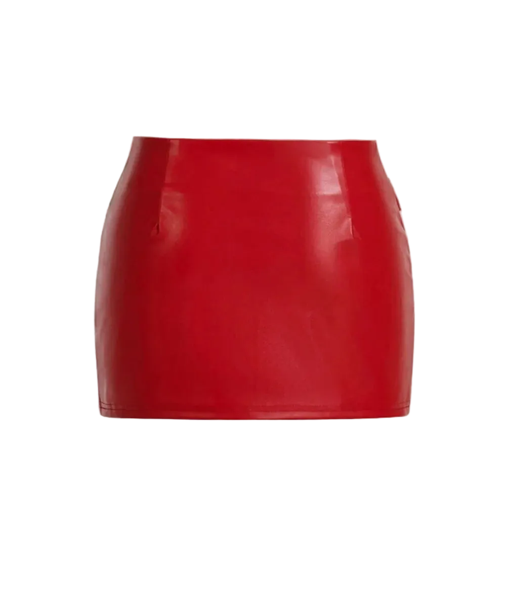 A bright red faux-leather mini skirt with a high waistband, shown flat against a light off-white background.