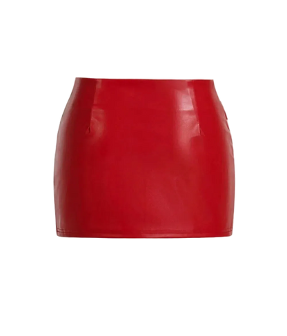 A bright red faux-leather mini skirt with a high waistband, shown flat against a light off-white background.