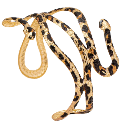 Seductive vintage snake cuff bracelet featuring leopard print details and adjustable design for bold party styling

