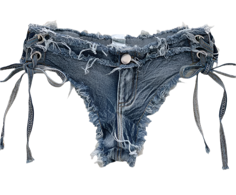 Denim bikini set with lace-up details on a textured surface