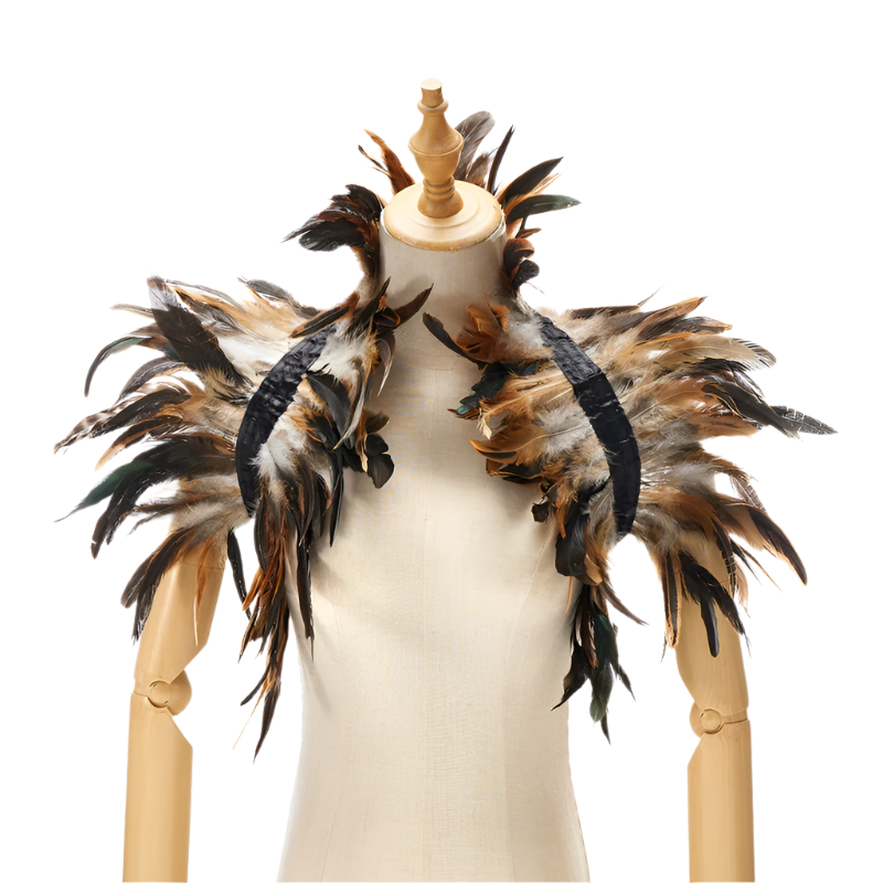  Feather Shoulder Piece: A vibrant feather shoulder piece displayed on a mannequin, with black accents and a striking, textured design.