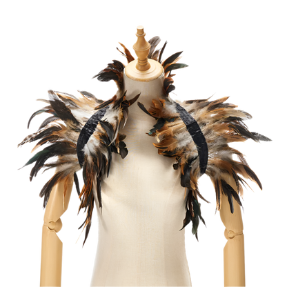  Feather Shoulder Piece: A vibrant feather shoulder piece displayed on a mannequin, with black accents and a striking, textured design.