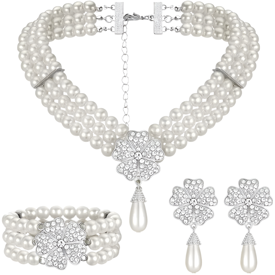 Complete vintage accessory set featuring pearl necklace, earrings, gloves and cigarette holder for Gatsby and Hollywood theme nights

