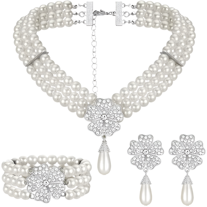 Complete vintage accessory set featuring pearl necklace, earrings, gloves and cigarette holder for Gatsby and Hollywood theme nights

