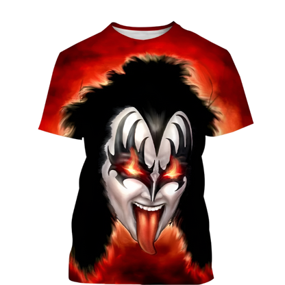 T-shirt with a graphic design of a face with red eyes and black hair on a white background