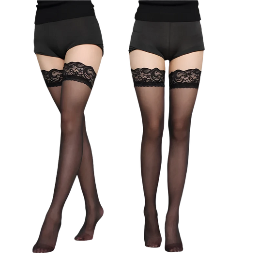 Sheer thigh-high stockings with lace trim, perfect for elegant resort wear.