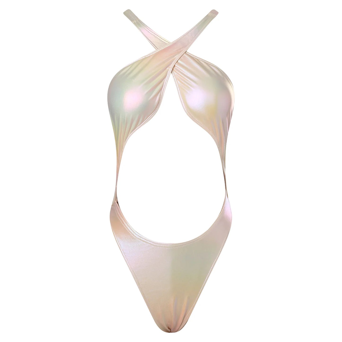 Womens Holographic One-Piece Monokini Bikini Swimsuit Beachwear Halter Cross Back Cutout High Cut Backless Bodysuit Swimwear