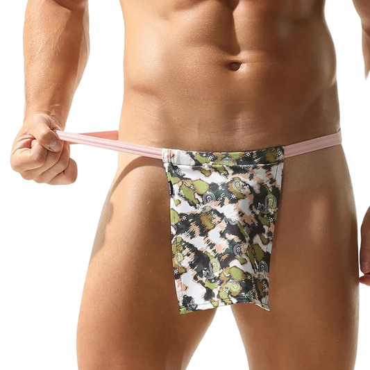 Floral-patterned men's underwear held by a person against a white background