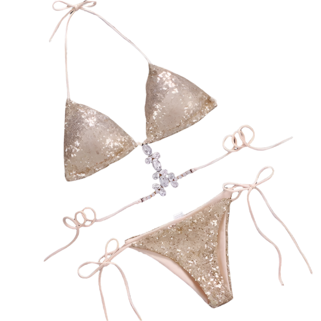 gold sequined bikini featuring a halter-style top. It has sparkling crystal embellishments and a decorative chain detail, adding an elegant and glamorous touch.